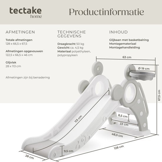 tectake® Toboggan pour enfants - Toboggan Toddler - A partir de 2 ans - Avec anneau de basket - Pliable - 128 x 66,5 x 67,5 cm - Pour l'intérieur et l'extérieur - Gris
