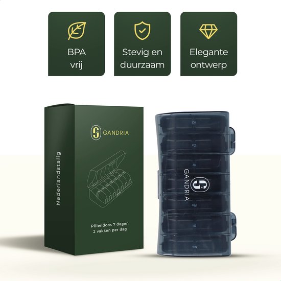Boîte à pilules Gandria 7 jours - Boîte à pilules amovible - Boîte à médicaments avec 14 compartiments - Boîte à médicaments avec fermeture solide - 2 compartiments par jour - Noir