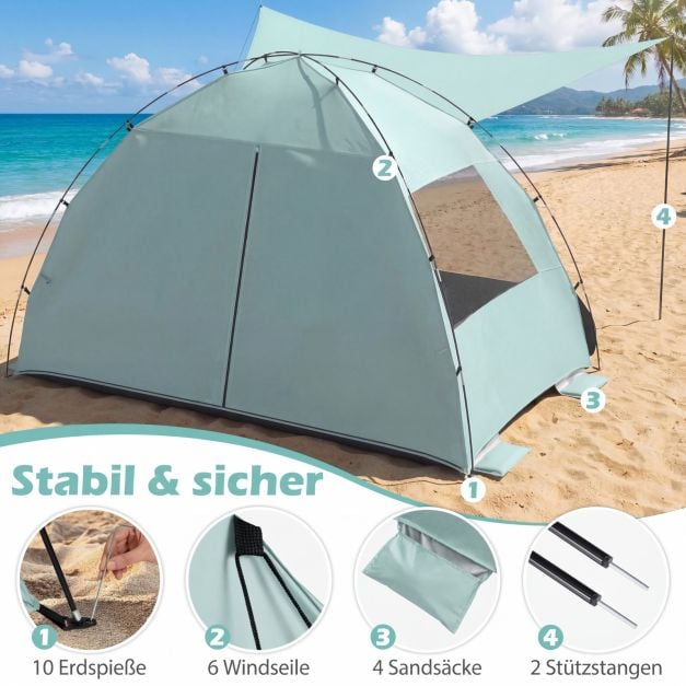 Coast Strandtent 260 × 150 × 160 cm – Abri de plage avec auvent, protection UV UPF 50+, fenêtres en filet et sac de transport – Vert