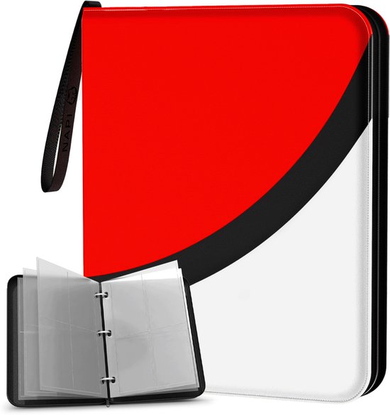 NAPI Collection Folder for 400 Cards - Reliure pour cartes - 4 poches - Faux cuir - Premium Card Binder with Zipper - 50 Pages - A5 - Rouge/Blanc