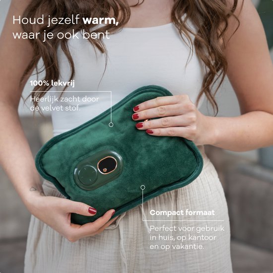 Bouillotte électrique Zenwave avec housse - Écran numérique - Bouillotte et bouillotte à eau avec chauffe-mains - Coussin chauffant rechargeable - Ceinture chauffante pour les règles - Durable et sans fil - Camping et plein air - Bouillotte verte