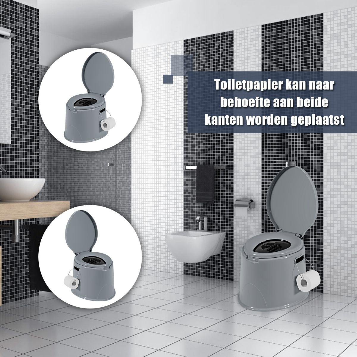 Coast Toilet Bowl portable pour le voyage - Seau intérieur amovible - Porte-papier hygiénique - 41 x 49 x 34 cm - Gris