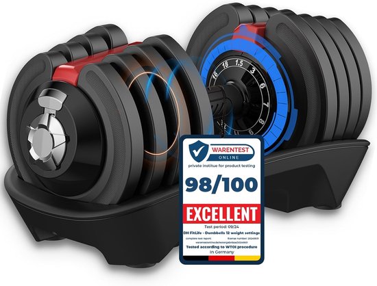 Haltères réglables DH FitLife - 1,5 à 18 kg - Réglage du poids 12 en 1 - Peu encombrants - Pour la musculation à domicile