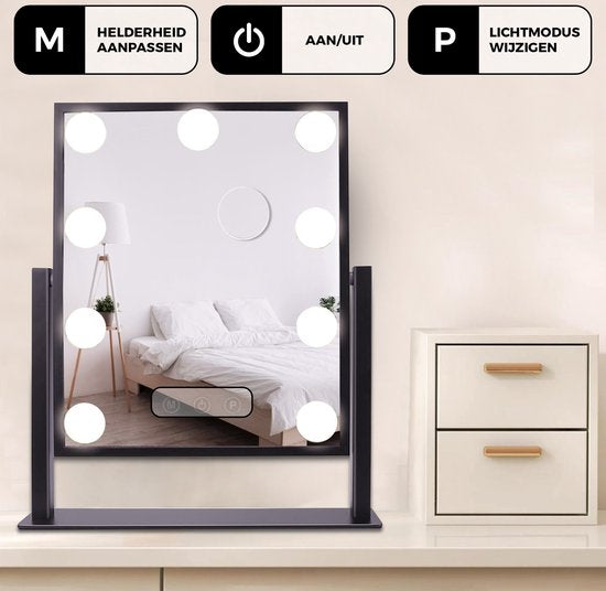 Bayt - Miroir avec éclairage - Miroir hollywoodien avec éclairage - Miroir de maquillage avec éclairage - Dimmable - Grossissement 10x - 36 x 30 cm - Noir