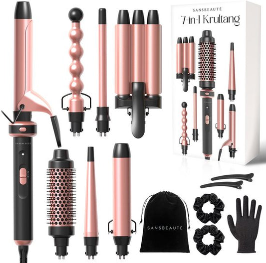 Sansbeauté® Fer à boucler 7 en 1 avec pince et pince gaufrée - Fer à boucler en céramique - 13mm à 38mm - Brosse à sécher les cheveux courts - Brosse chauffante - Pince à boucler - Brosse thermique - Styler les cheveux - Brosse à boucler 5 en 1
