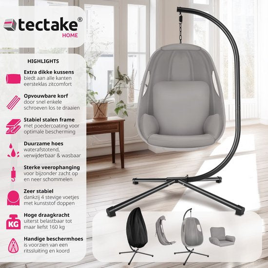 tectake® Chaise suspendue avec cadre - Chaise à bascule avec coussin + coussin de dossier - Meuble de salon ou de chambre - Meuble de balcon - Intérieur ou extérieur - Jusqu'à 160kg - Gris clair