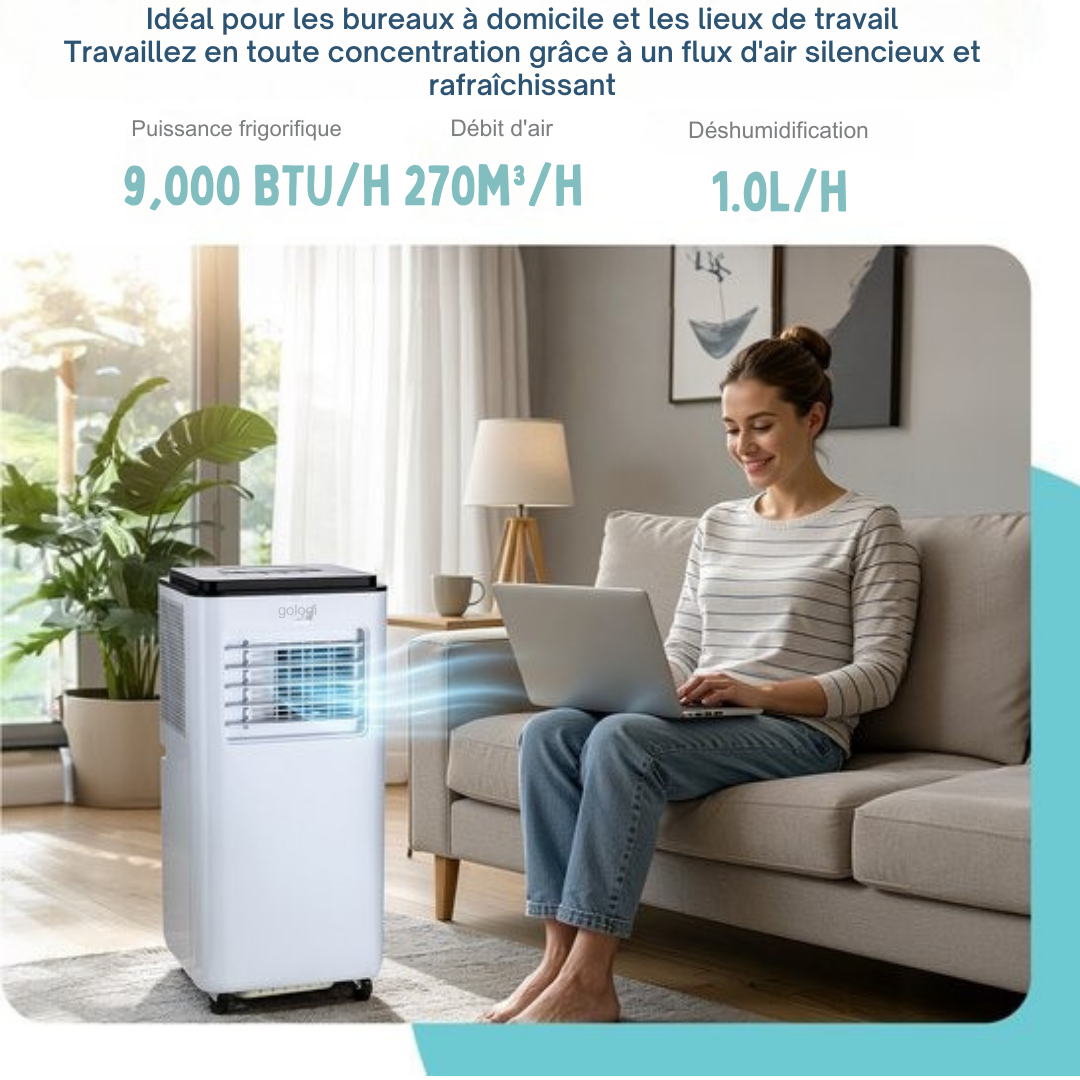 Gologi 3-in-1 Mobile Air Conditioner - Rafraîchisseur d'air avec Wifi et App - 9,000 BTU/h - Avec kit d'étanchéité pour fenêtre - Télécommande incluse - Convient pour la chambre à coucher - Blanc