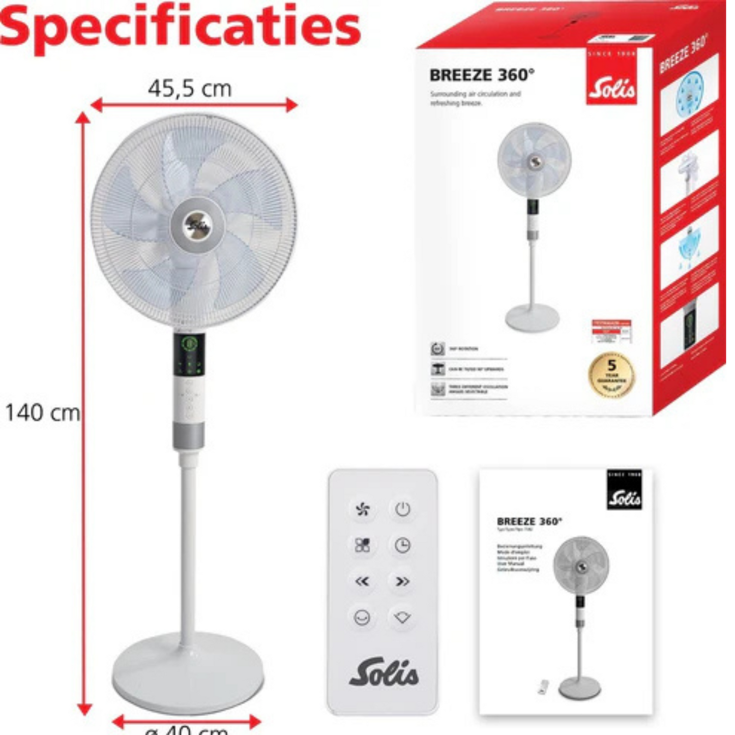 Ventilateur sur pied - Solis - Ventilateur sur pied Breeze 360° 7582 - Ventilateur avec télécommande - fonction minuterie - 140 cm de hauteur - blanc