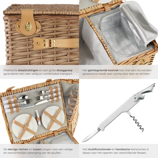 tectake® complete Picnic Basket Set Terschelling - Luxury 21-piece Picnic Set for 2 - Wicker Picnic Basket - Includes Cooler, Set with Plates, Plastic Wine Glasses and Stainless Steel Cutlery