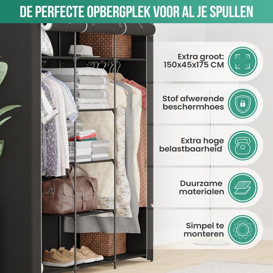 Avalo Armoire en tissu pliable XXL - 150x45x175 CM - Armoire - Armoire de chambre - Noir