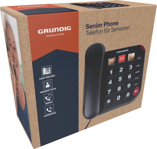 Grundig Senior Phone Home Phone - Téléphone senior à grosses touches - Téléphone senior avec touches de raccourci photo - Haut-parleur et bouton SOS - Noir
