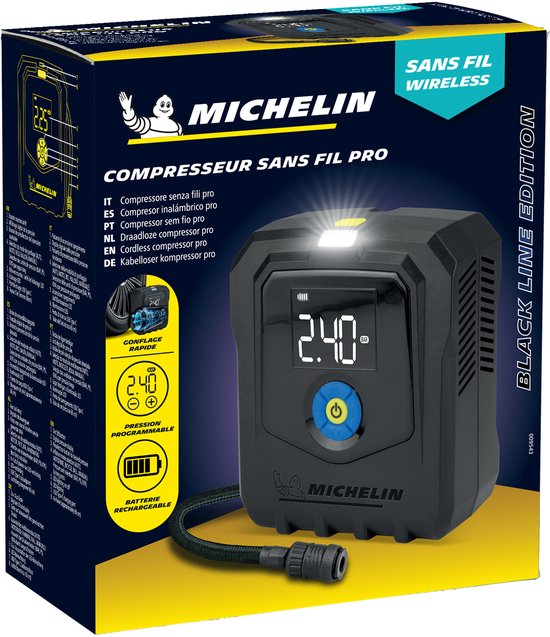 Pompe à pneus électrique rechargeable Michelin - Compresseur sans fil - Réglable à la pression souhaitée - Jusqu'à 10 bars - Avec éclairage LED - Pour pneus de voiture, pneus de vélo, ballons de sport et articles gonflables