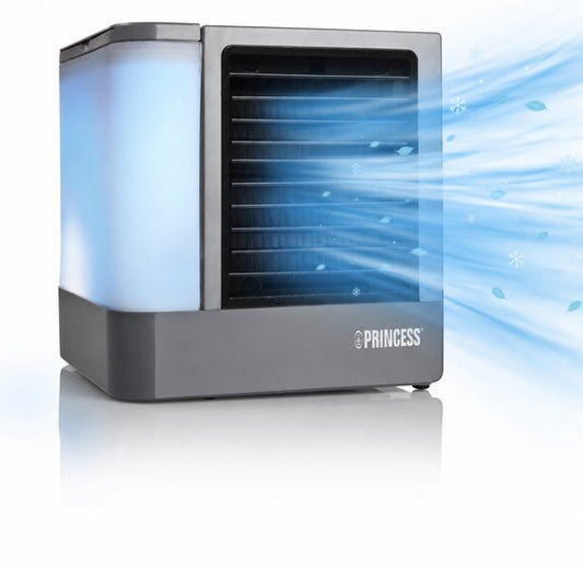 Princess 355500 Premium Mini climatiseur 14,2 x 14,2 x 14,8 cm – Climatiseur portable pour bureau ou chambre à coucher – Refroidisseur d'air USB-C, éclairage LED 7 couleurs, filtre d'évaporation d'eau amovible, refroidisseur personnel, compact pour la mai