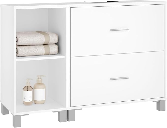 eSituro SBP0098 meuble bas pour lavabo meuble de salle de bain - blanc - 2 grands tiroirs - meuble latéral pouvant être placé à gauche ou à droite