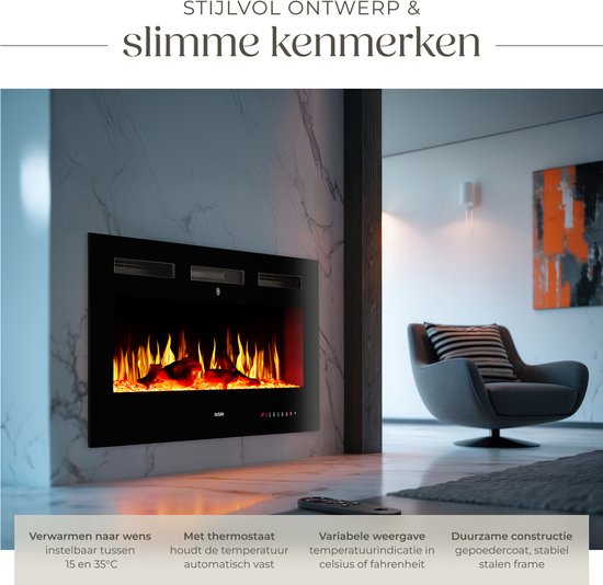 tectake® Wall Fireplace - Cheminée électrique - Atmosphere Fireplace - 106.5 x 12 x 43 cm - 900W & 1800W - Contrôlé par télécommande ou application - avec thermostat - Poêle - avec chauffage - Cheminées - Effets de bois et de lueur - Flammes 3D - Minuteur