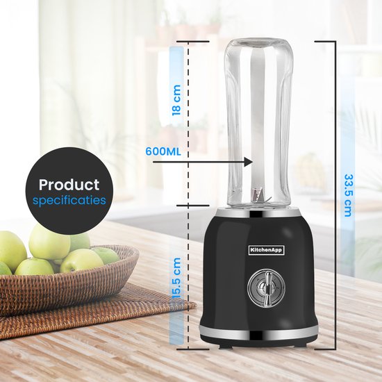 KitchenApp Blender to go - Mixeur rétro - Smoothie maker - Comprend deux tasses et de nombreux accessoires - Noir