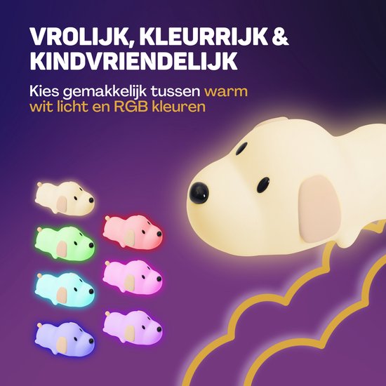 Vulpes Goods® Veilleuse pour enfants - Lumière LED et 8 couleurs - Veilleuse pour chambre de bébé - Chiot - Rechargeable par USB - Variateur - Minuteur - Sans fil - Adapté aux enfants