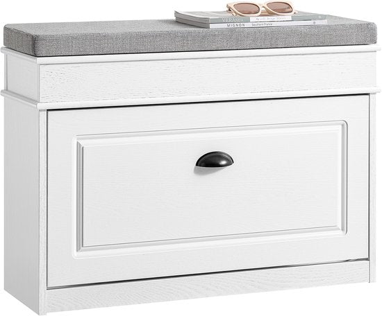 SoBuy FSR82-L-WG Meuble à chaussures banc d'entrée - banc à chaussures avec siège de toilette et coussin de rangement pour chaussures pour hall d'entrée, salon 75 x 24 x 51 cm, capacité 180 kg, blanc effet bois antique