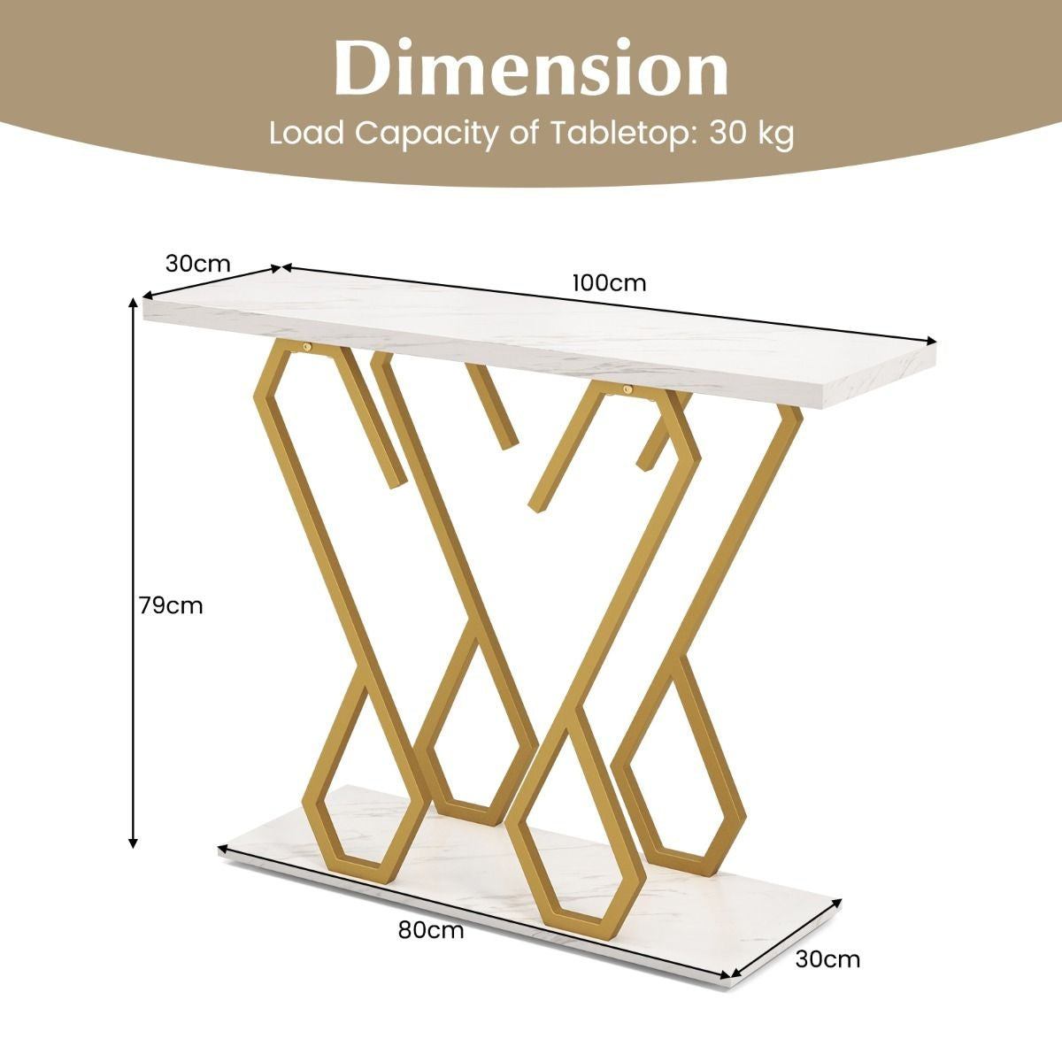 Table d'appoint Coast - aspect marbre - 100 x 30 x 79 cm - blanc/or