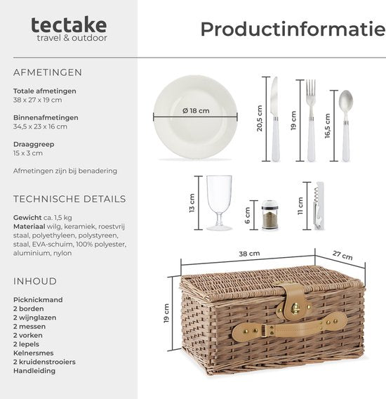 tectake® complete Picnic Basket Set Ameland - Luxury 13-piece Picnic Set for 2 - Wicker Picnic Basket - Includes Cooler, Set with Plates, Plastic Wine Glasses and Stainless Steel Cutlery