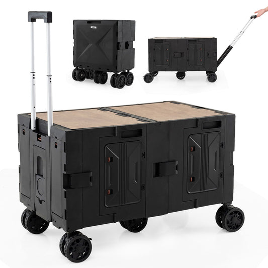 Chariot pliable 150 L - Noir - Avec plateau - 2 bacs de rangement - Poignée réglable - Porte-gobelets