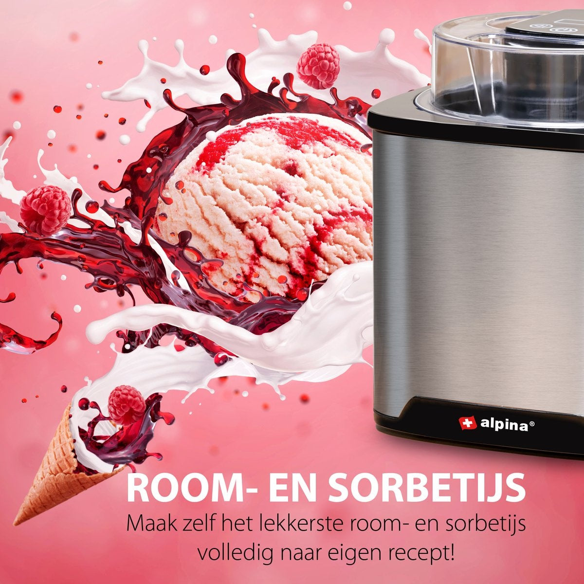 alpina Ice Cream Machine - Sorbetière 2L - Glace, Yoghourt glacé, Sorbet, etc. - Acier inoxydable - Argent