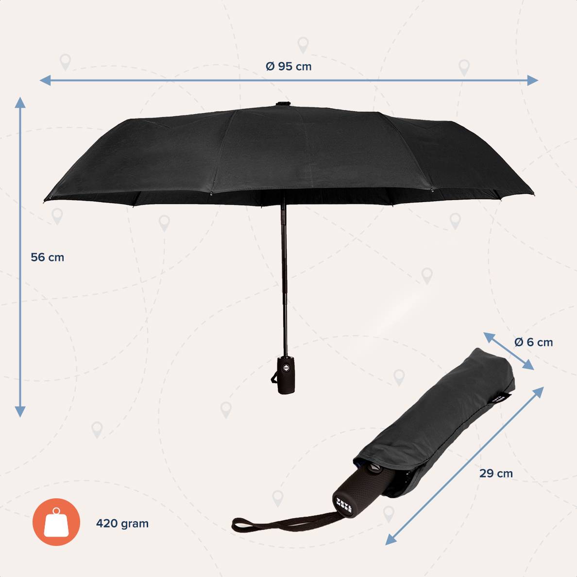 Parapluie anti-tempête automatique TRVLMORE, 107 cm de diamètre, noir – léger et résistant au vent