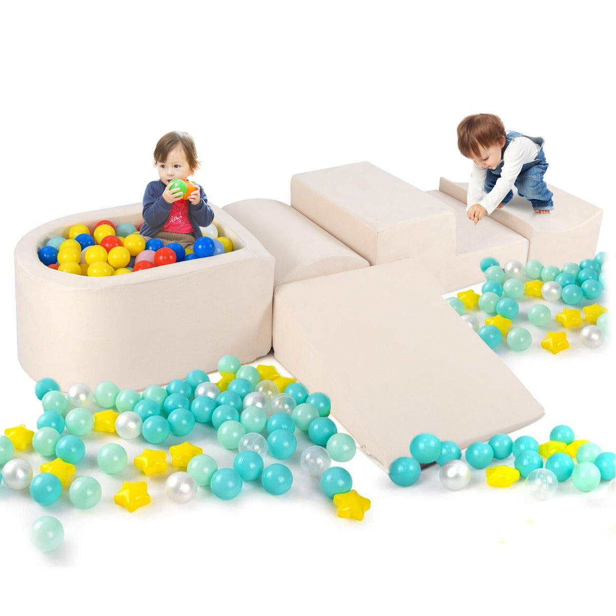 Blocs de jeu en mousse 5 pièces avec piscine à balles - Blocs de construction XXL souples pour les enfants et les jeunes enfants - Beige - Pour jouer, grimper et construire