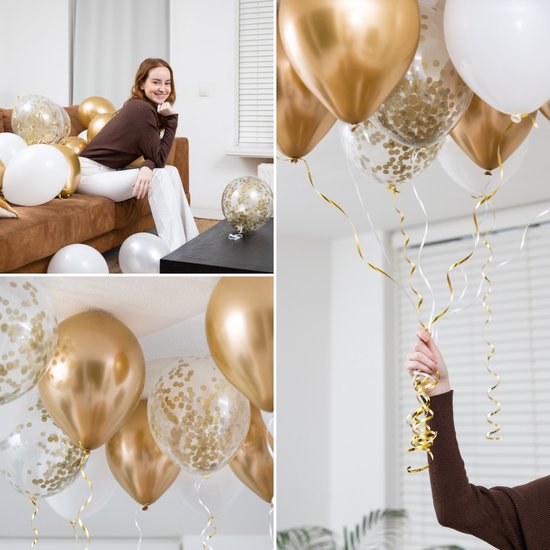 Partizzle 50x Ballons Blancs et Dorés - Convient à l'hélium - Confettis en papier - Nouvel An / Nouvelle Année - Mariage, Décoration de l'Arche de Ballons de Noël - Latex