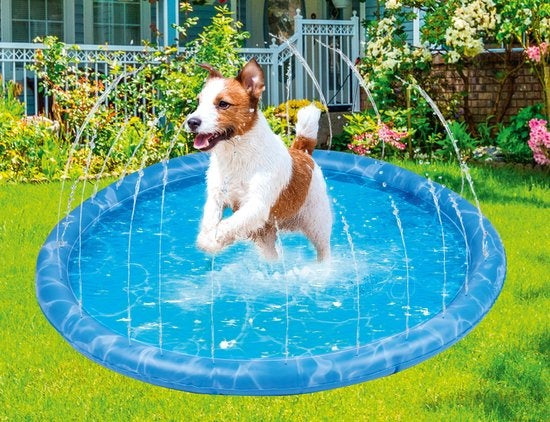 Tapis d'eau pour chien - Ø100 CM - Tapis de bain et de refroidissement pour chien - avec arroseurs - s'adapte à pratiquement tous les tuyaux d'arrosage - PVC - Bleu