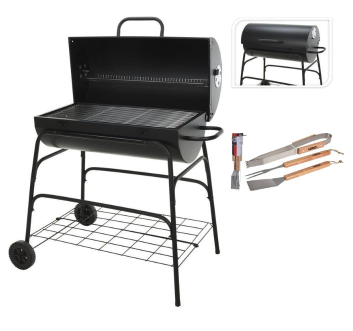 BBQ Gril à charbon - BBQ Collection - Cylindre - Sur roulettes - 39x100x100cm - Inclus Outils de grillade