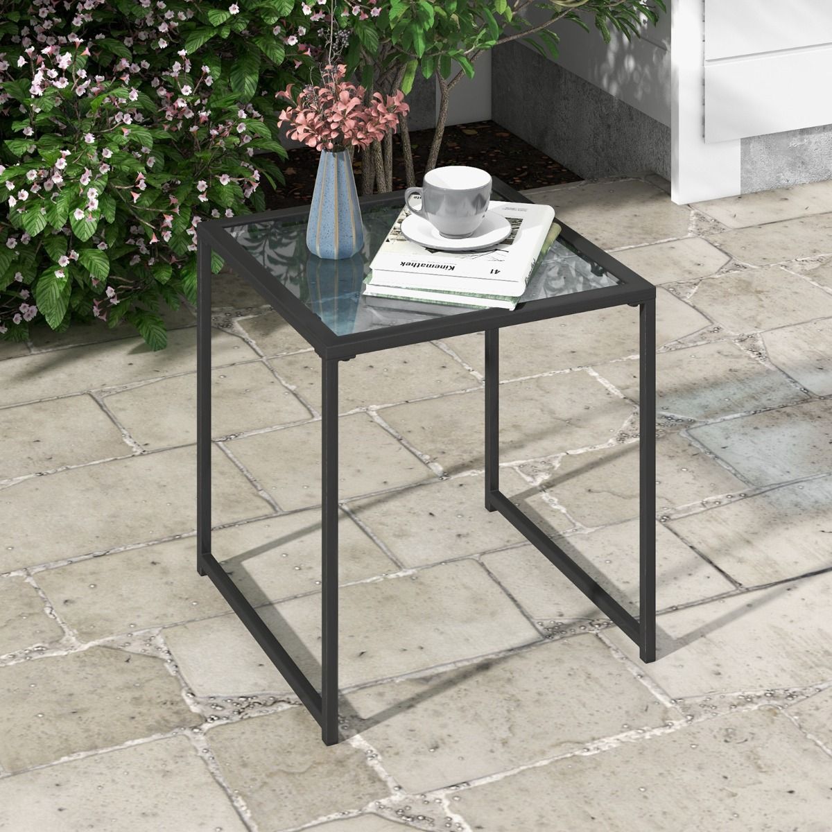 Coast Side Table 43x43x45 cm - Noir avec plateau en verre trempé - Table de jardin compacte pour l'intérieur et l'extérieur