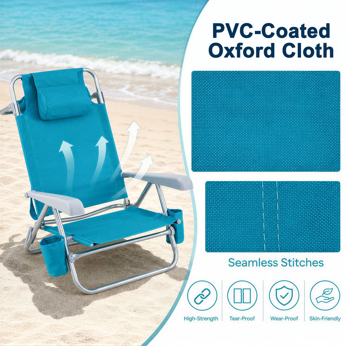 Ensemble de 2 chaises de plage Coast - pliables, avec dossier et appui-tête réglables - turquoise