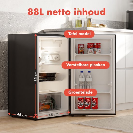 KitchenBrothers Réfrigérateur de table - 88L - Freestanding - Noir - Mini Frigo compact avec étagères réglables