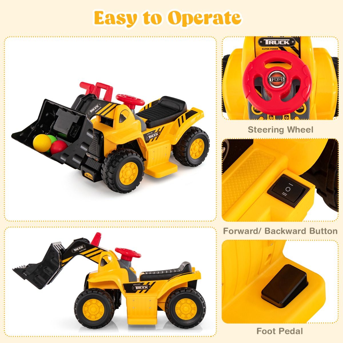 Coast Toy Excavator Électrique - Max. 25 kg - 84 x 35 x 43 cm - Jaune