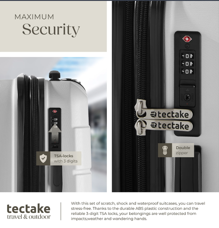 Ensemble de valises Tectake Brice, 3 pièces – L, M et S – ABS – Roulettes à 360° – Cadenas TSA – Blanc