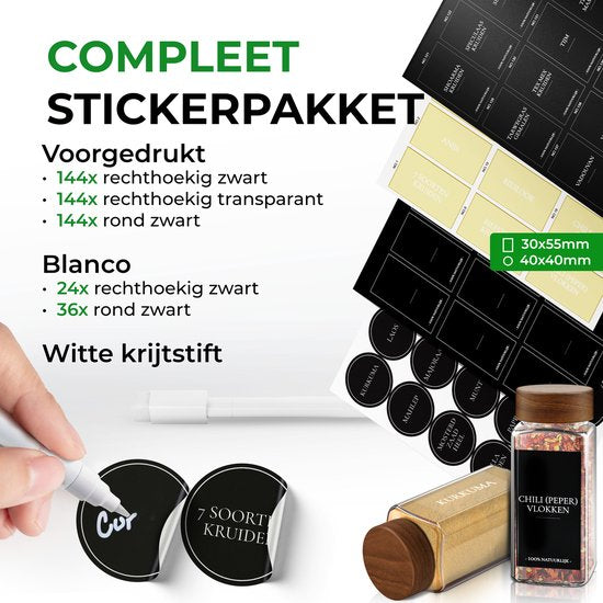Soothe 48 pots à épices carrés en verre avec couvercle en acacia - 2 types de couvercles à saupoudrer - Spice Spreader - pots à épices - set complet avec stickers à épices, stick à craie et accessoires - 120ml
