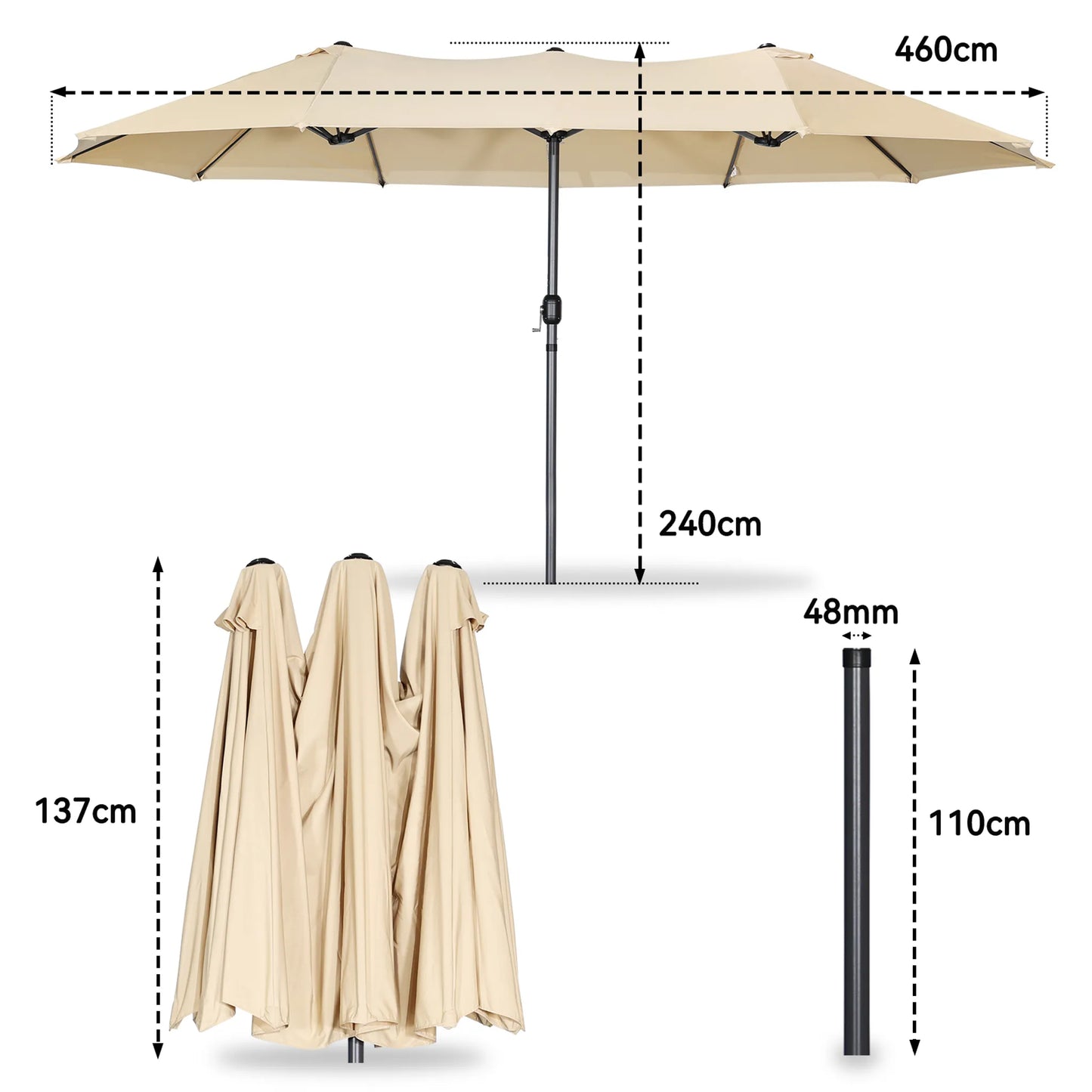 Parasol double Angel Living - 460 x 270 cm - avec manivelle - UPF 50+ - beige