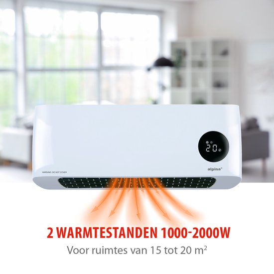 alpina Ceramic Stove with Wall Mounting - Electric Heater 2000W - Adjustable Heat Stages and Timer - Wall Stove with Remote Control - Fan Stove - For Indoors