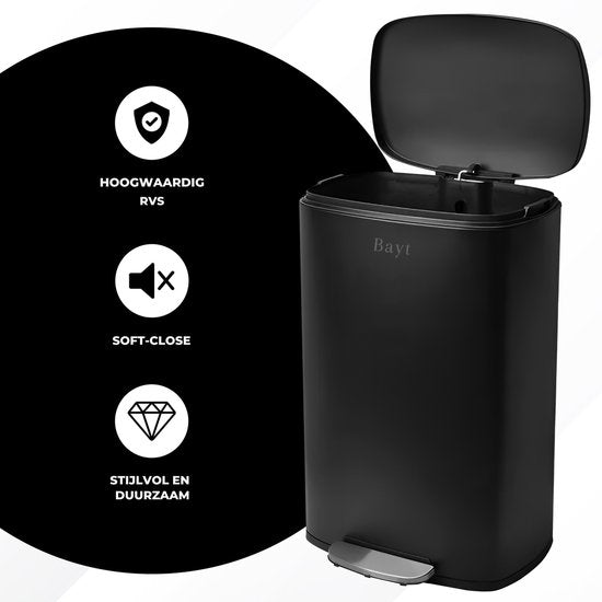 Bayt Trash can - Pedal bin 50 Liter - Trash can 50 Liter - Garbage can 50 Liter - Trash Separation - Waste bin - Stainless steel - Black
