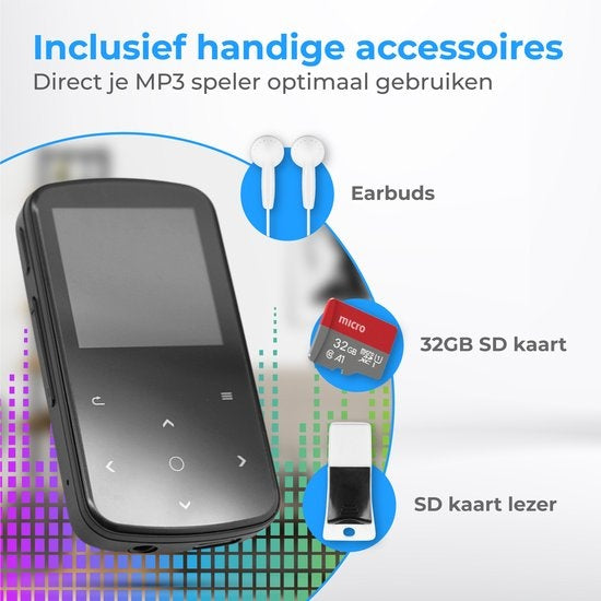 Nuvance - Lecteur MP3 avec écran tactile et Bluetooth - Ecouteurs et carte SD 32GB inclus - avec clip - Enregistreur vocal numérique - avec radio FM - Noir