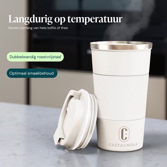 Mug isotherme Castagnola - Mug à café à emporter - Mug de voyage pour café et thé - Mug à thé - 510 ml - Acier inoxydable - Blanc cassé