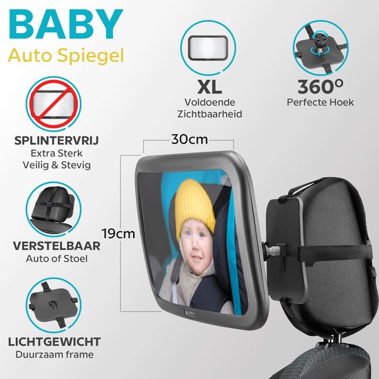 Miroir de voiture Happy Goods Baby XL - Rétroviseur - 35x19 cm - Ajustable à 360° - Miroir de voiture pour bébé - Miroir de sécurité - Miroir de siège arrière pour bébé