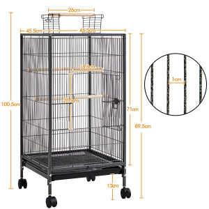 Yaheetech Cage à oiseaux avec base mobile - équipée d'un tiroir coulissant, de 4 mangeoires en plastique et de 3 perchoirs en bois - pour petits oiseaux et perruches - métal noir martelé et bois massif - 45,5 x 45,5 x 100,5 cm