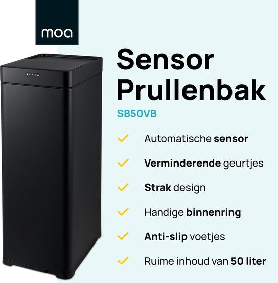 MOA Sensor Waste Bin - 50 litres - acier inoxydable & ABS durable - Antidérapant - Couvercle silencieux - Mode de fermeture différée - Noir - SB50VB