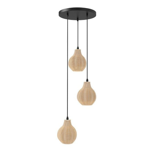 Suspension Coast à 3 lumières en rotin – Réglable de 24 à 102 cm – Ø 30 cm – Noir et beige