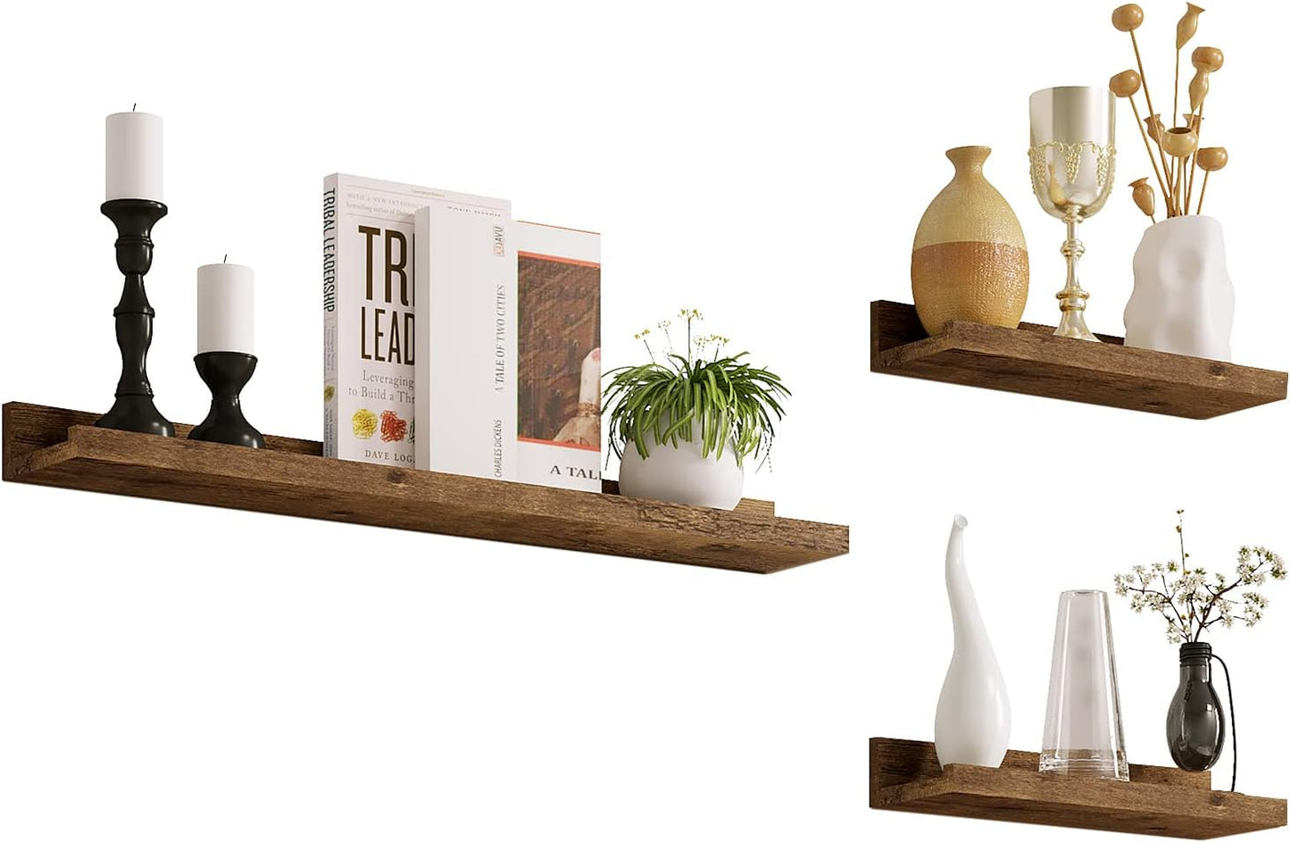 Woltu RG9491HOV Etagères murales Lot de 3 - 60 x 10 x 5 cm - Vintage Brown - Etagères flottantes pour photos avec bord surélevé