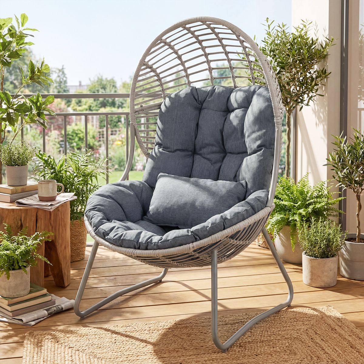 Fauteuil Coast en rotin - design en forme d'œuf - coussins amovibles - gris