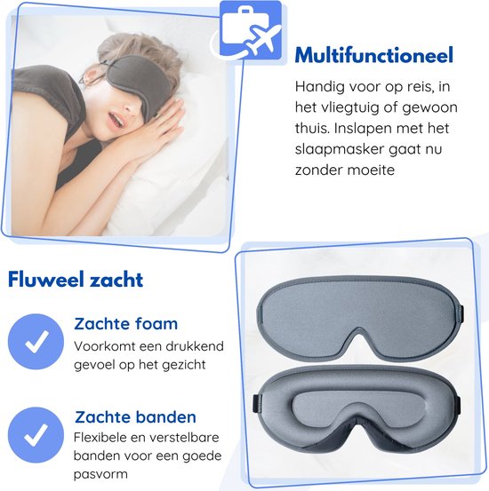 Hilvard - Masque de sommeil - Masque oculaire - Bouchons d'oreilles inclus - 100% occultant - Ajustable - Ergonomique - Gris