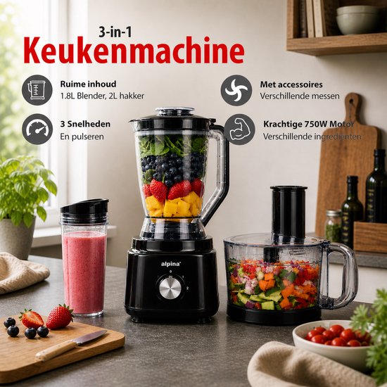 Robot ménager 3-en-1 Alpina : robot de cuisine, mixeur et machine à smoothies - Robot ménager multifonction - Coupe-légumes - Hachoir - 2 L - Sans BPA - Lavable au lave-vaisselle - FP413GS - Noir